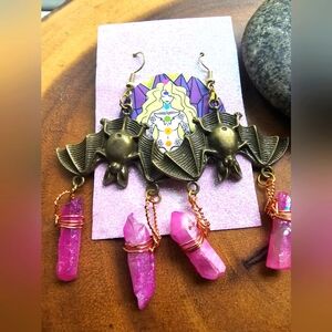 Bronze Bat Earrings with Pink Crystal Accents Handmade By Jennifer🥰